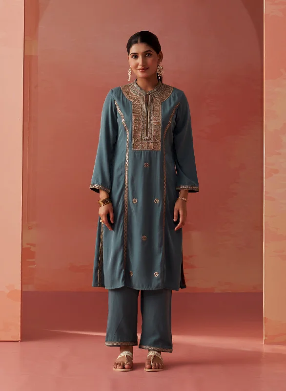 Simra Smokey Blue Embroidered Rayon Co-ord Set for Women