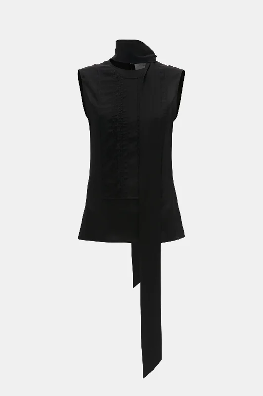 Sleeveless Silk Tie Neck Top in Black