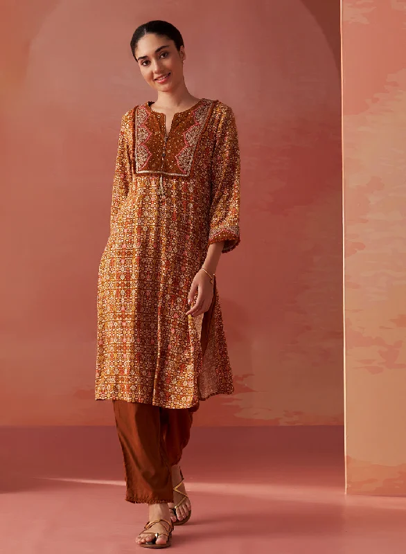 Sofia Ochre Printed Rayon Co-ord Set for Women