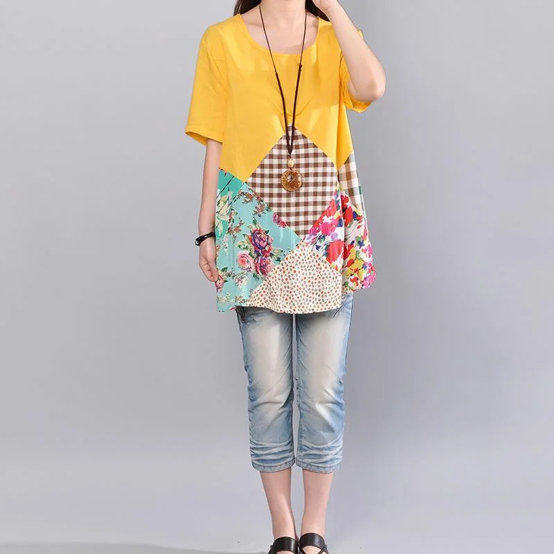 stylish yellow Midi-length linen t shirt plus size traveling blouse New short sleeve patchwork cotton tops