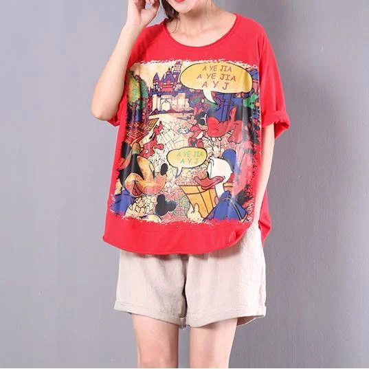 summer cartoon print casual red cotton t shirt short sleeve tops