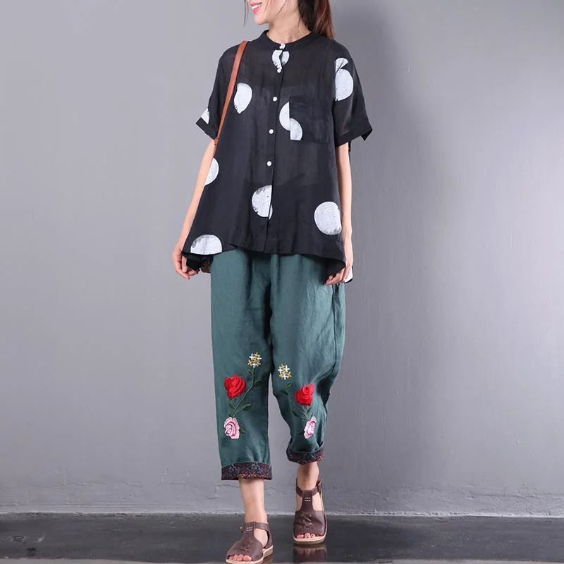 summer new black dot linen blouse casual loose tops short sleeve shirts