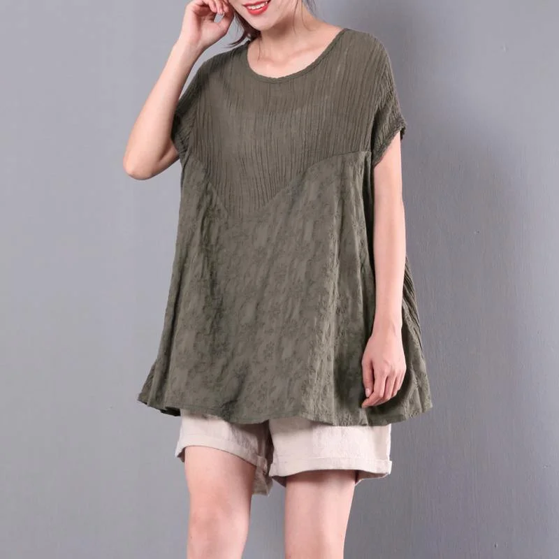 summer new green stylish linen pullover plus size blouse short sleeve t shirt