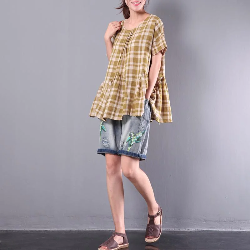 summer women yellow grid casual cotton tops plus size wrinkled t shirt