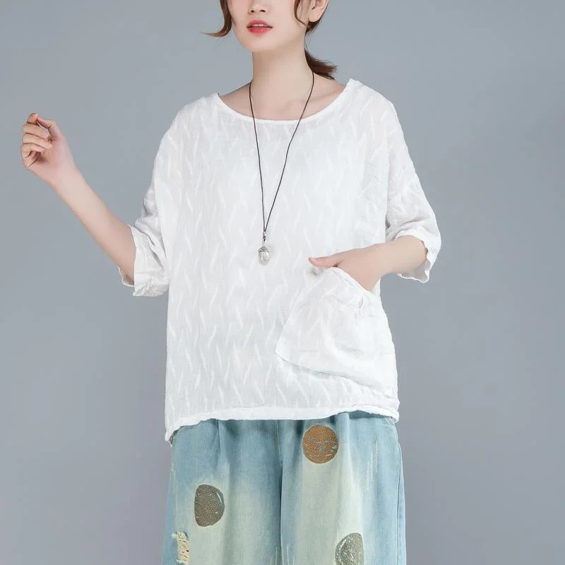 top quality cotton shirts oversize Women Plain White Cotton Linen 12 Sleeve Loose Tops