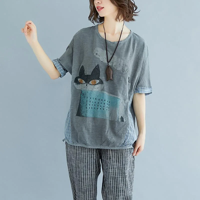 top quality cotton shirts plus size Summer Plaid Short Sleeve High-low Hem Gray Blouse