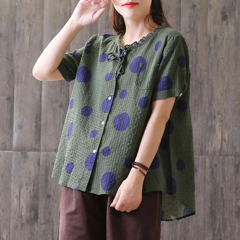 top quality linen tops plus size Summer Short Sleeve Dots High-low Hem Green Blouse