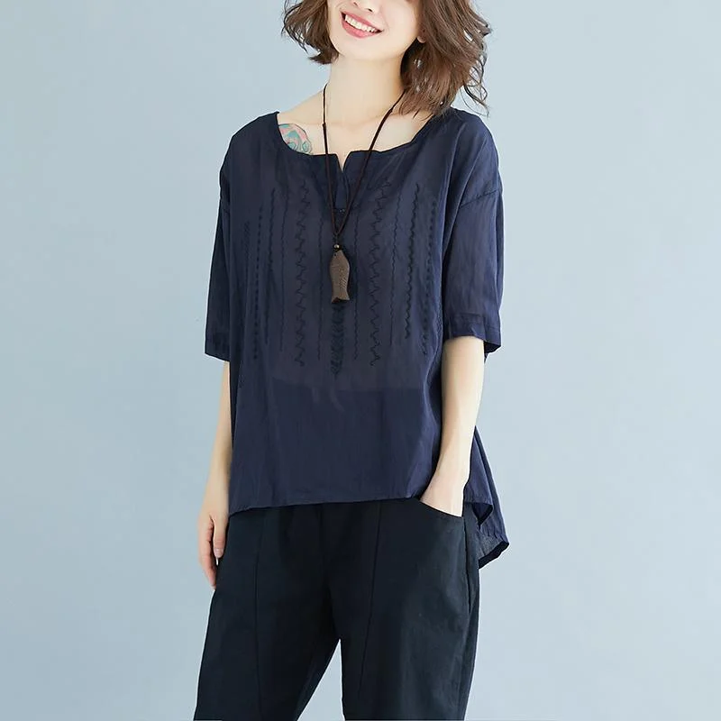 vintage natural linen t shirt oversize Summer High-low Hem Women Short Sleeve Loose Navy Blue Blouse