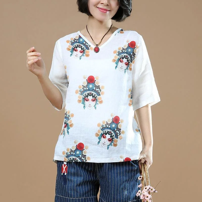 White casual unique prints linen tops plus size summer blouse v neck t shirt