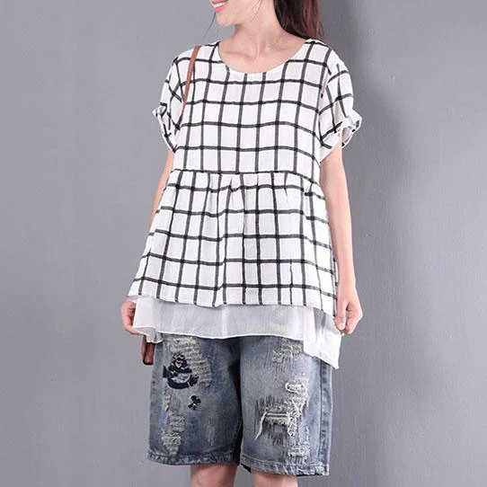 white grid linen tops plus size casual pullover short sleeve t shirt