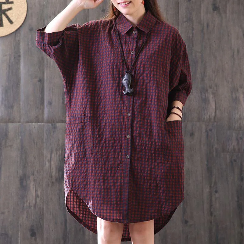 women cotton tops oversized Loose Casual Plaid Single Breasted Women Red Shirt