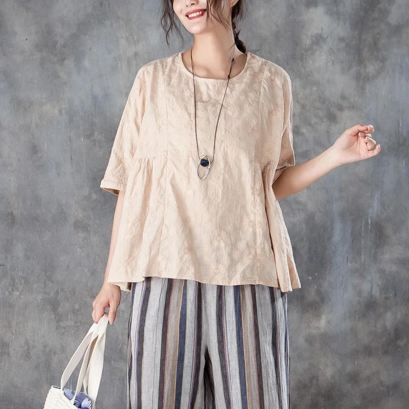 women linen tops oversized Loose Round Neck 12 Sleeve Linen Cotton Beige Tops