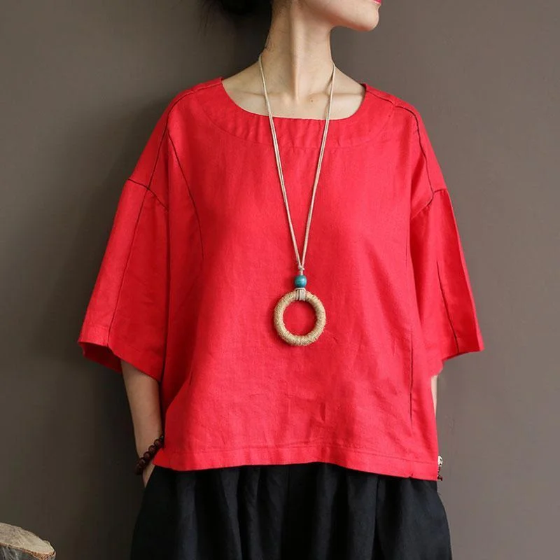 women natural linen t shirt Loose fitting Loose Round Neck 12 Sleeve Women Red Tops