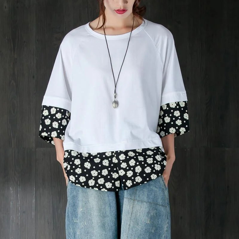 women pure cotton tops oversized Women Casual Summer Fake Two-piece Flower White Tops