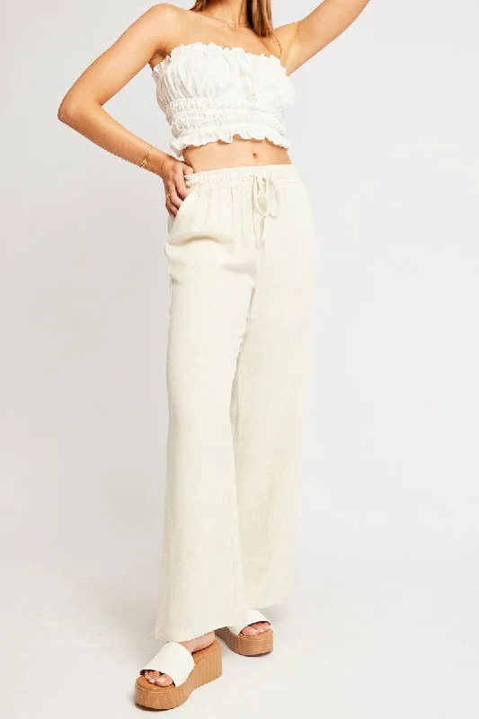 Beige Wide Leg Pants Elasticated Waist