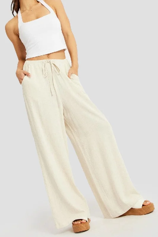 Beige Wide Leg Pants High Rise