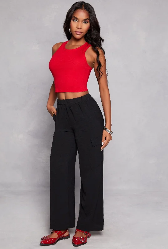 Airy Crepe Knit Cargo Wide Leg Pants