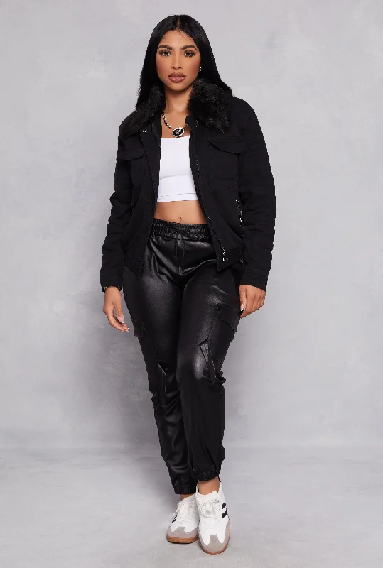 Faux Leather High Waist Drawstring Cargo Joggers