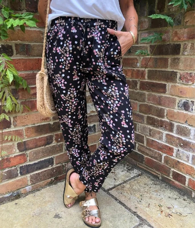 Black Flower Print Linen Blend Trousers