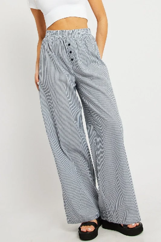 Black Stripe Wide Leg Pants Elasticated Waist