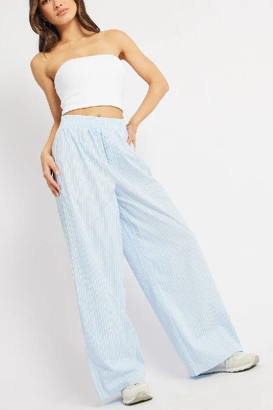 Blue Stripe Wide Leg Pants Elasticated Waist