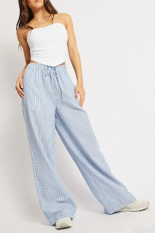 Blue Stripe Wide Leg Pants Mid Rise