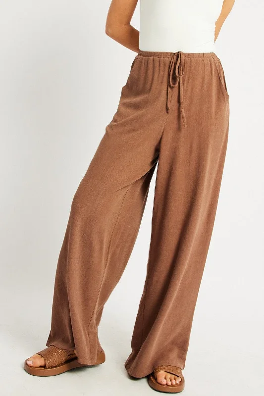 Brown Wide Leg Pants High Rise