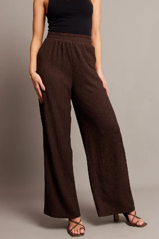 Brown Wide Leg Pants High Rise Textured Fabric