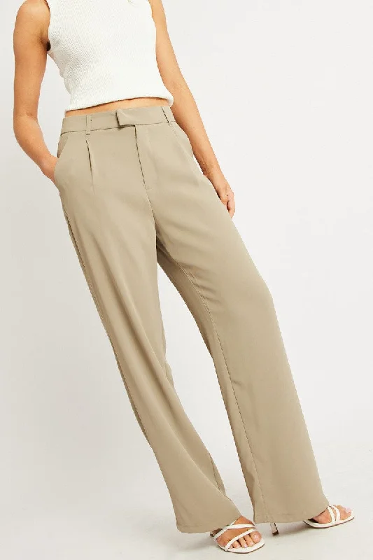 Brown Wide Leg Pants Mid Rise