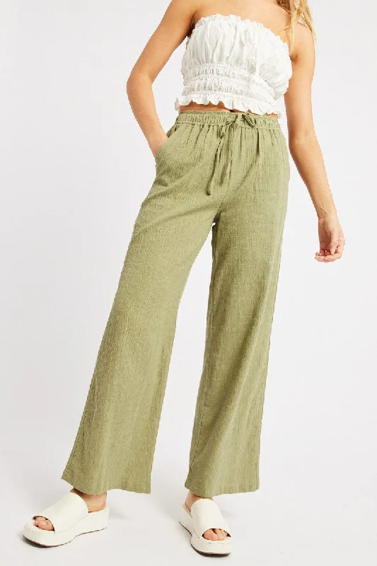 Green Wide Leg Pants High Rise