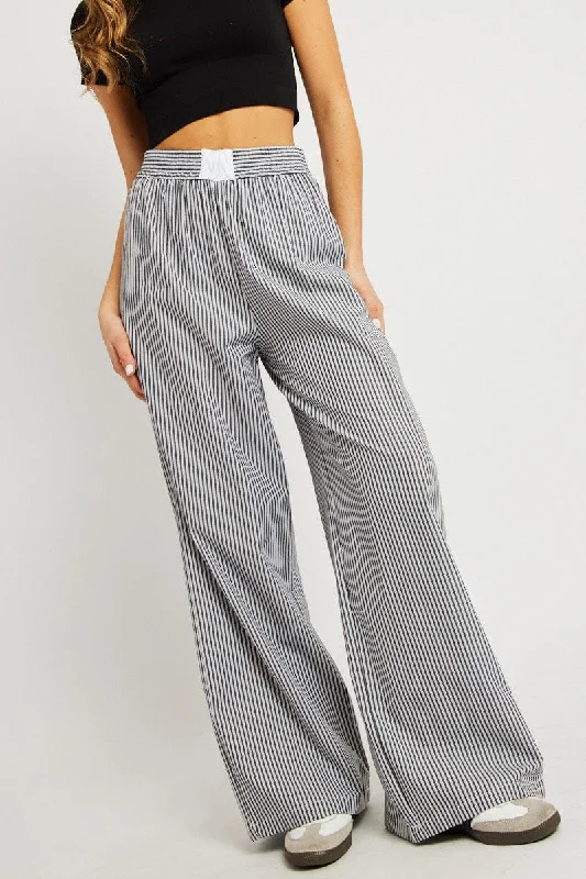 Grey Stripe Wide Leg Pants High Rise