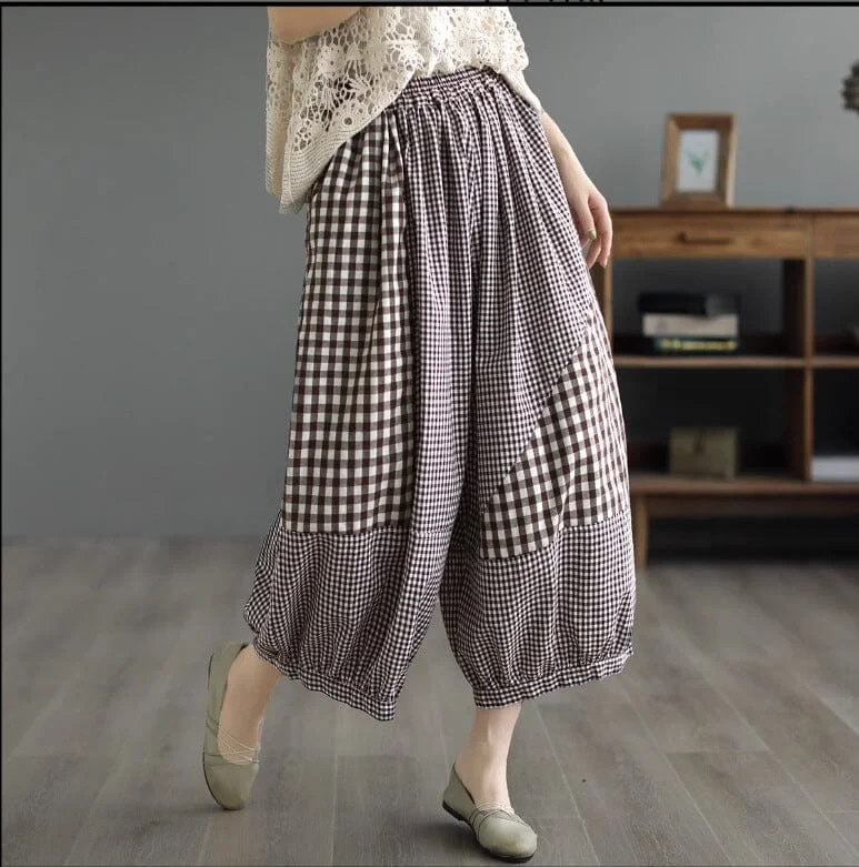 Plus Size Summer Plaid Patchwork Cotton Pants