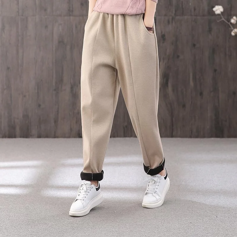 Plus velvet winter harem pants female elastic waist wild khaki warm casual pants