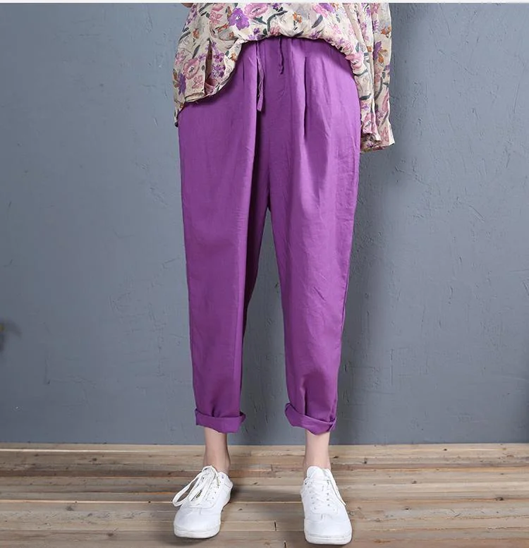 purple linen casual trousers loose women straight pants