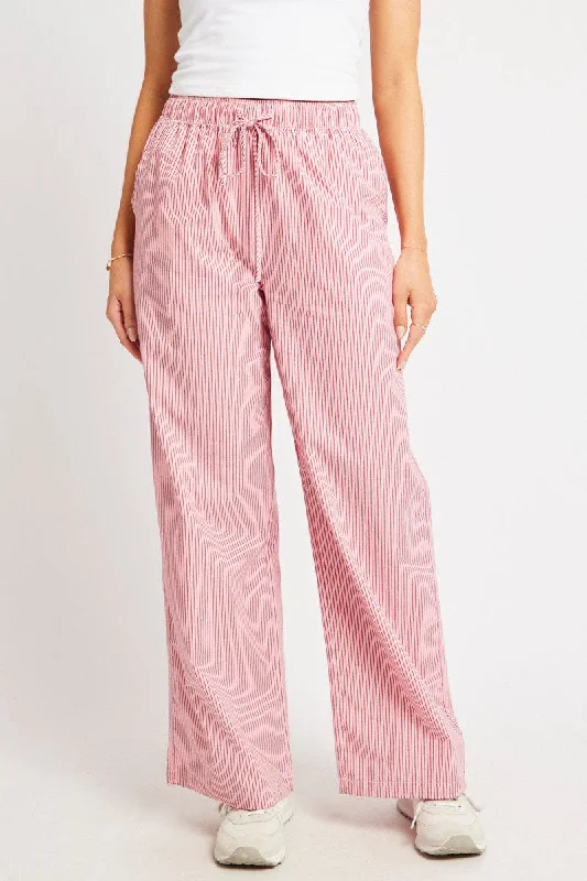 Red Stripe Wide Leg Pants High Rise