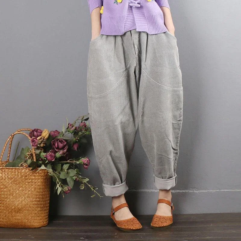 Retro female light gray casual corduroy pants large size loose harem pants