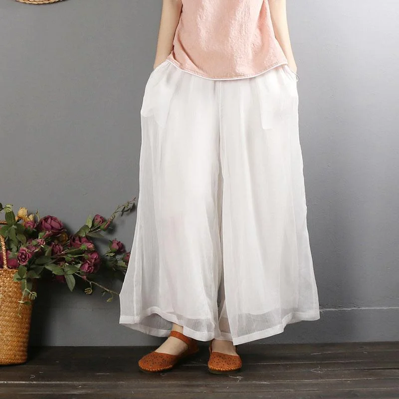 Retro wide leg pants casual cotton white women's loose culottes