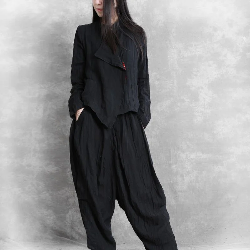 Simple black Multiple ways to wear  linen top silhouette and Fashion harem pants