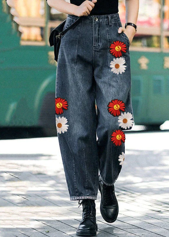 Style Navy-Floral High Waist Pockets Harem Casual Fall Denim Pants