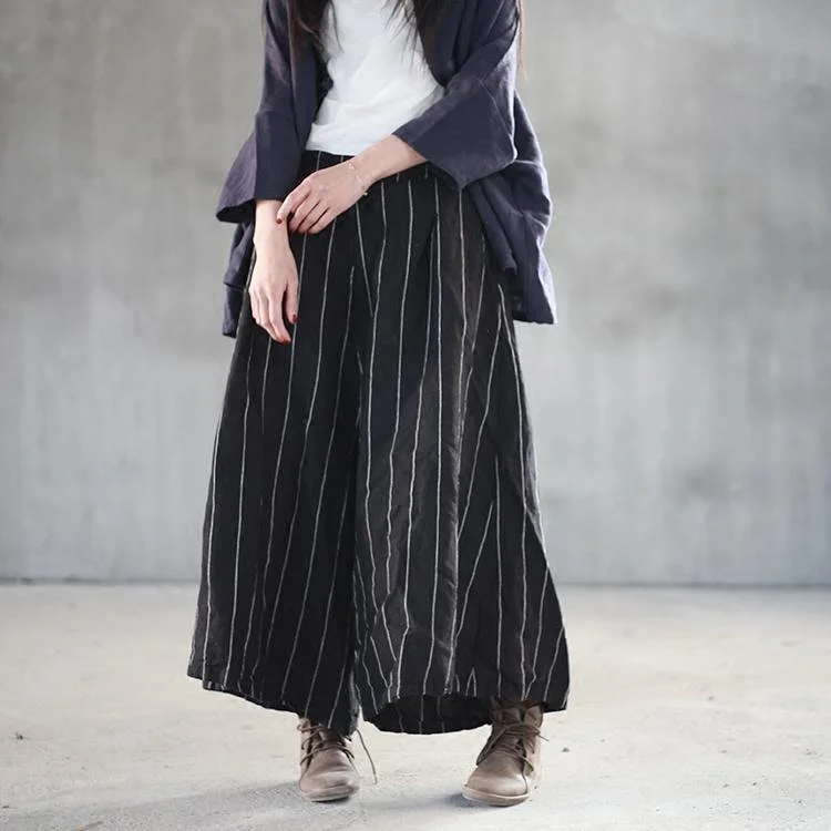 stylish black striped casual linen wide leg pants loose women big hem pants