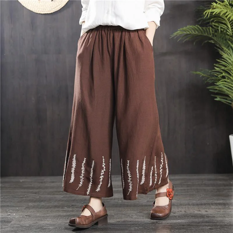 summer brown linen casual wide leg pants loose plus size embroidery trousers