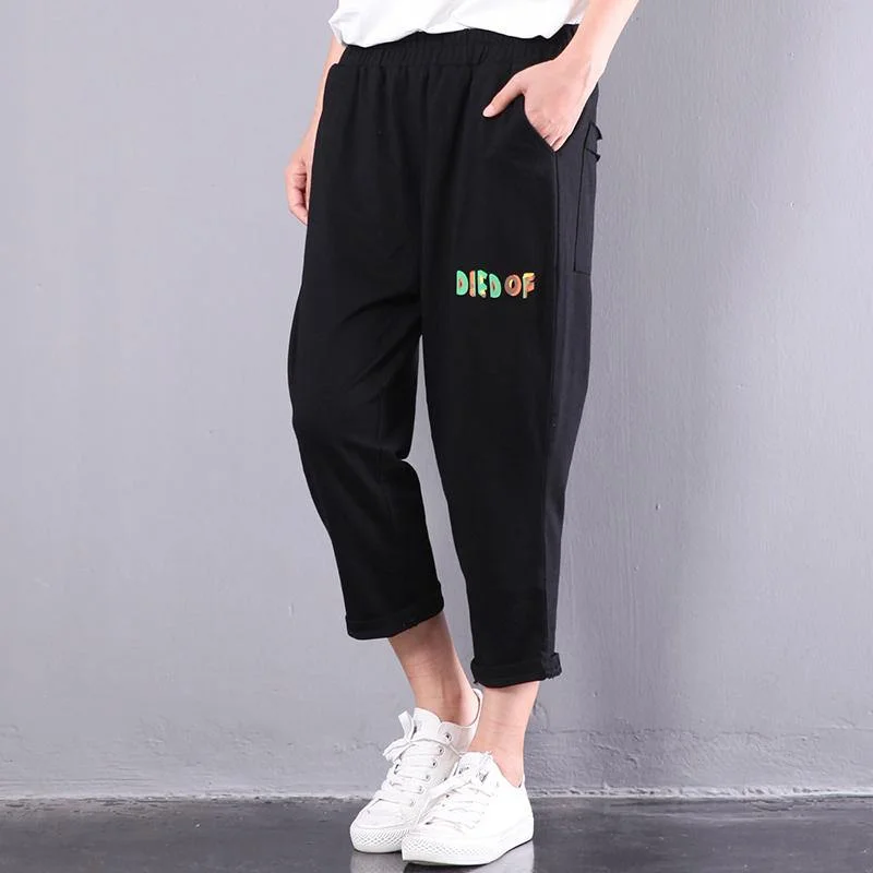 summer new black loose alphabet print cotton pants oversize slim casual pants