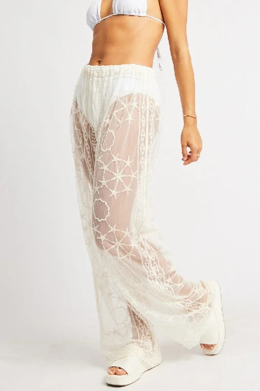 White Embroidery Beach Pants