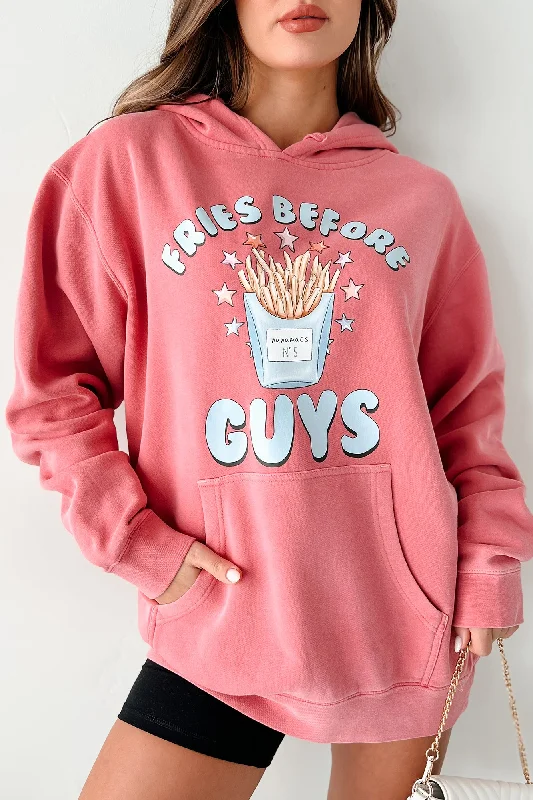 "Fries Before Guys" Vintage Wash Graphic Hoodie (Pink) - Print On Demand