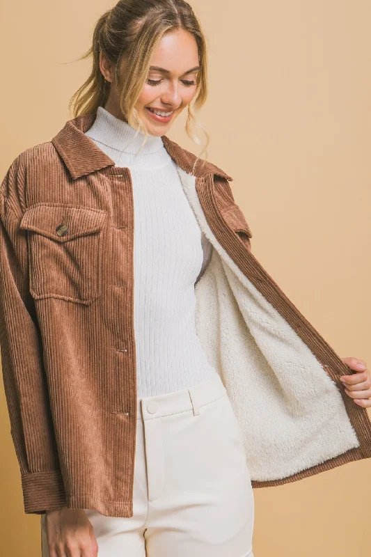 Corduroy Button Up Sherpa Jacket - Brown