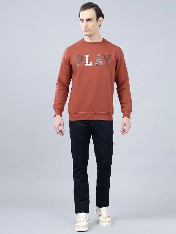 Men's Typography Printed Rust Round Neck Sweatshirt