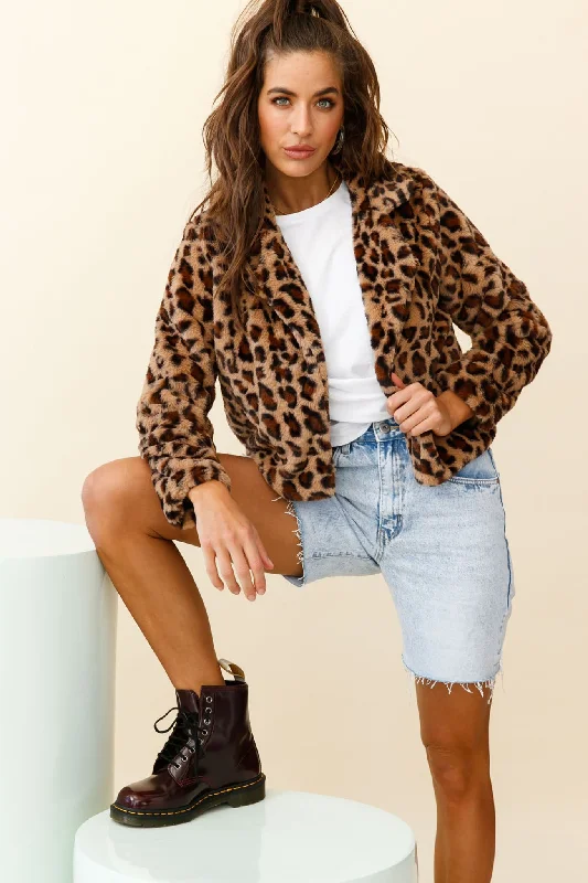 Ohio Faux Fur Leopard Print Jacket Brown