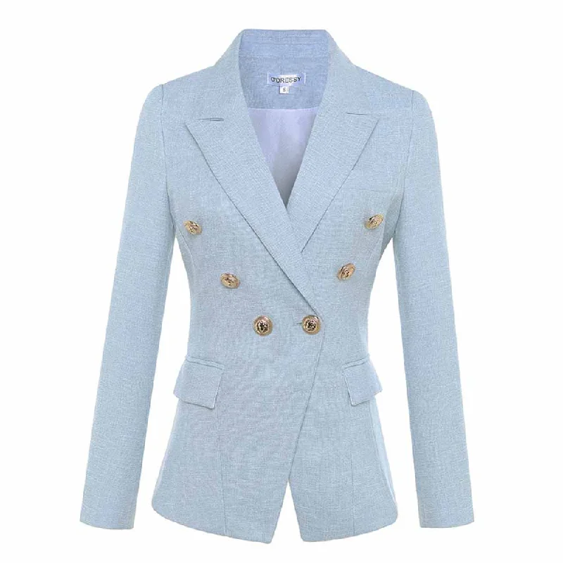 Women Sky Blue Double Breasted Blazer Gold Buttons Jacket