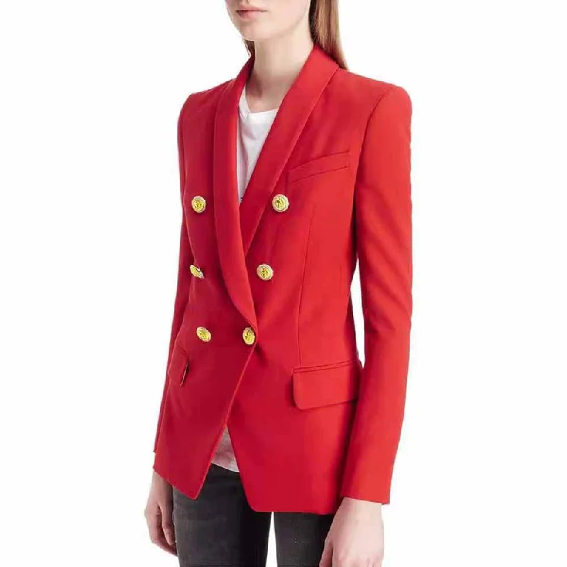 Womens Double Breasted Blazer V-Neck Long Sleeve Gold Buttons Blazer