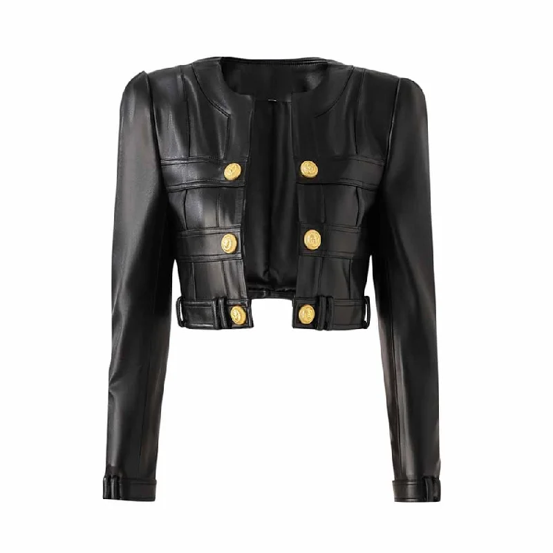 Women's Fitted Faux Leather Golden Lion Buttons Short Crop Jacket